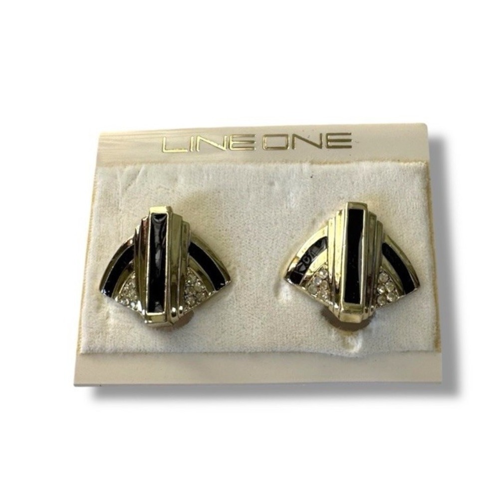 Vintage Line One Art Deco Style Gold Black Enamel Rhinestone Clip On Earrings
